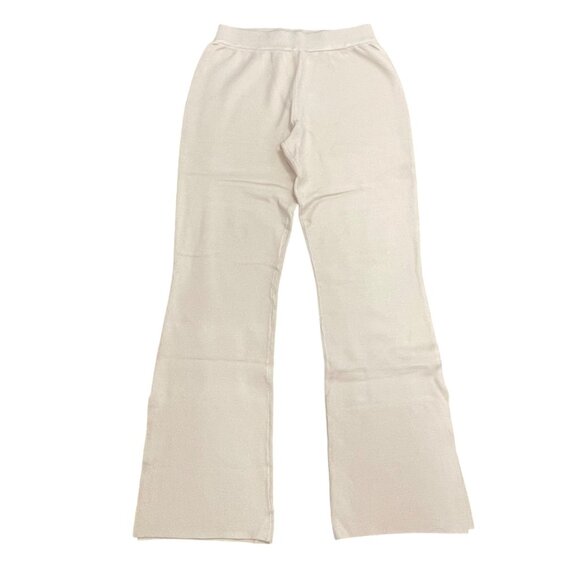 Monrow Beige Knit Flare Pull On Elastic Pants Medium Bottom Slit NWT